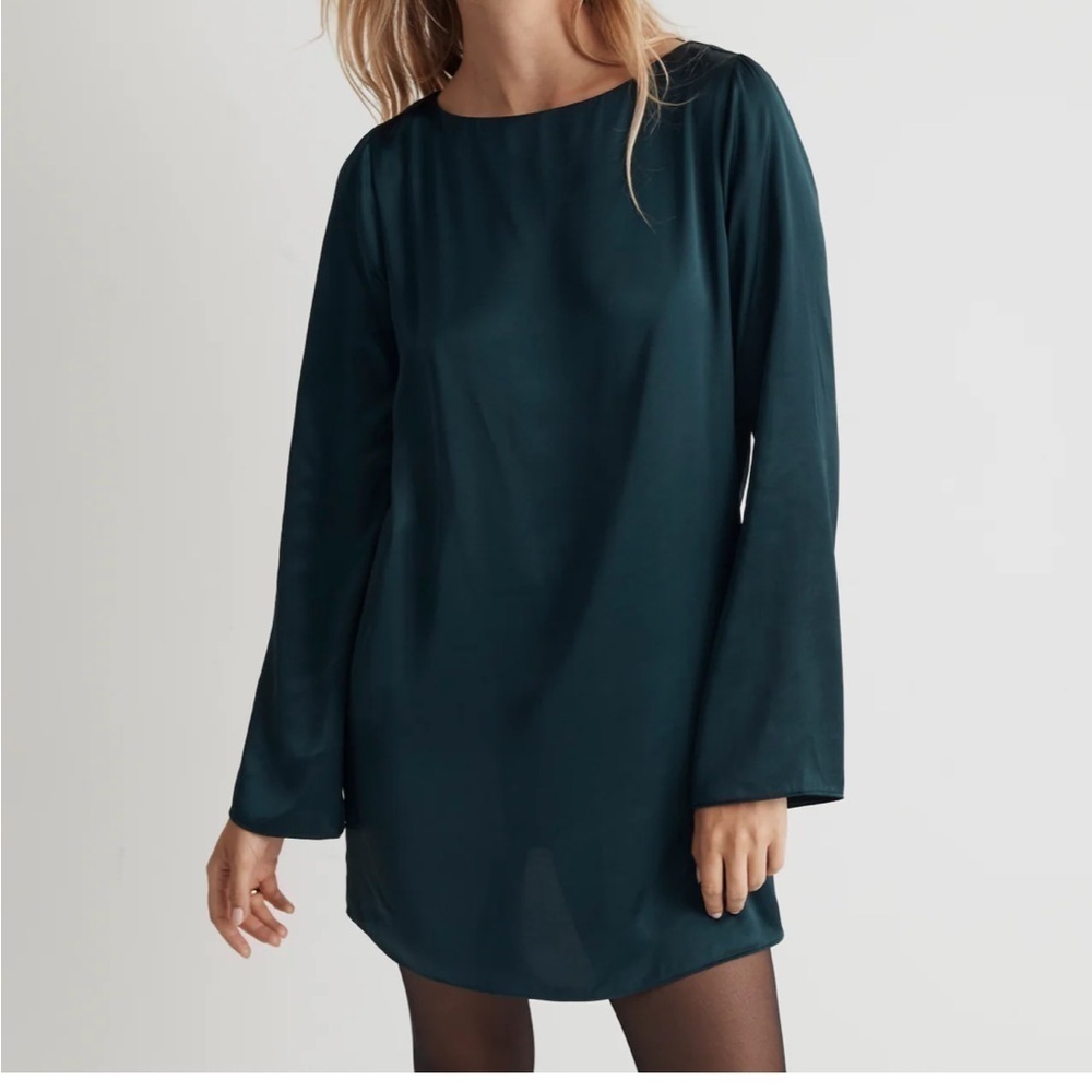 Madewell Satin Shift Bell Sleeve Mini Dress Smoky Spruce Green XS NWT - Picture 11 of 11
